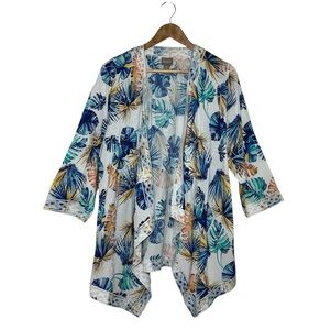 Chico’s ResortWear Floral Tropical Embroidery Open Draped Cardigan kimono 2/L/12